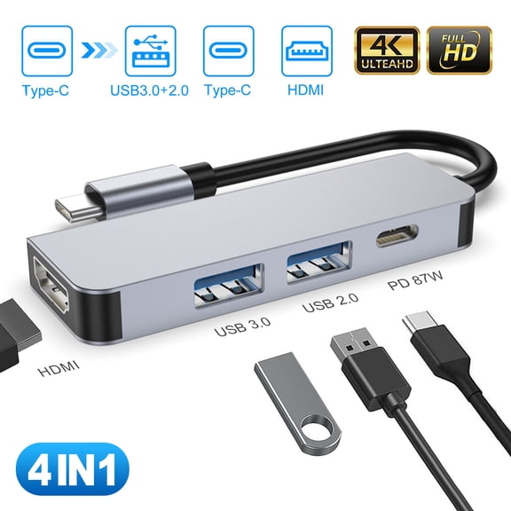USB C hub, 4K USB C to HDMI, 2 USB C to USB 3.0 and FlashDrive, Type C Hub USB-C power adapter, suitable for Mac Book Pro, Chromebook, Deal XPS and Samsung Galaxy S8/S8+/S9/S9+/Note 8 (4 silver ports)