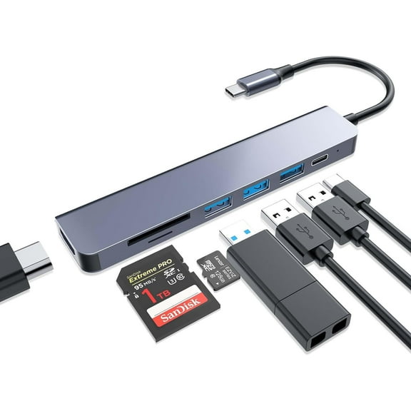 USB C hub,7-in-1 USB C to HDMI Splitter, 3 USB 5Gbps Data Port, USB C Adapter with 4K HDMI Port, PD 100W Charging, SD Card Reader for Laptops