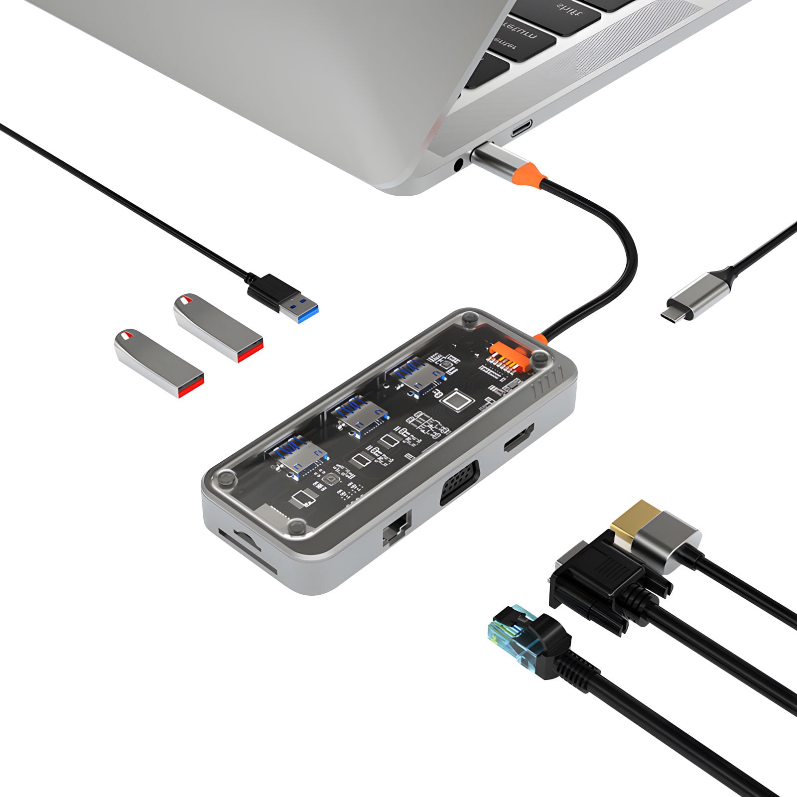 USB C to HDTV Adapter 10 Port Expansion Dock With RJ45 Ethernet VGA 3.5mm USB3.0 Data Transfer Memory Card Reader 100W