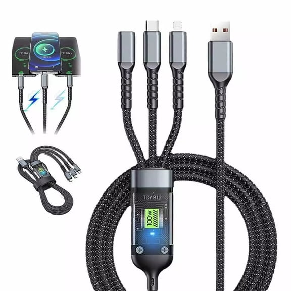 USB CABLE, Phone Charger Cord, 100W LED Indicator Triple 3 in 1 Braided Charging Cable, Transparent Fast Charging Data Cord