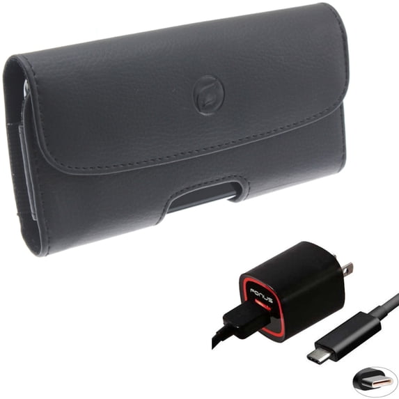 USB Cable 2.4A Home Charger w Holster Leather Case Belt Clip for Acer Liquid Jade Primo - ASUS ROG Phone, ZenFone 6 - AT&T Fusion Z - BLU G9 Pro - BOLD N1 - CAT S62 Pro - Coolpad Suva