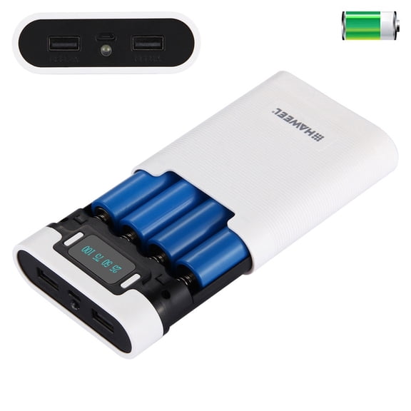 USB Cable 4 x 18650 Charger Box Portable Power Bank Case With 2 USB Port And Power Display 18650 Battery 4-Cell Portable Power Bank Case HWL9500, White