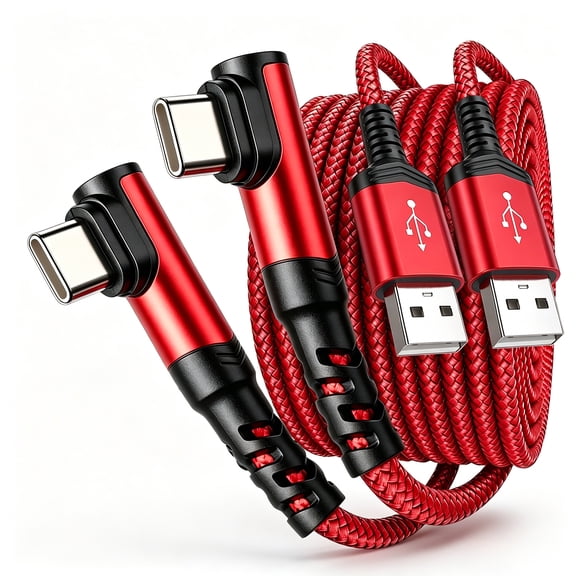 USB Cable 6.6FT, 2 Pack USB‑A to USB‑C Cable Fast USB-C 60W Right Angle Braided Fast Charging & Data Transfer Cord (Red)