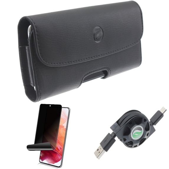 USB Cable & Case Belt Clip & Privacy Screen Protector for Samsung Galaxy S22 (6.1") - Retractable Type-C & Leather Holster & TPU Film Fingerprint Works Accessory Bundle