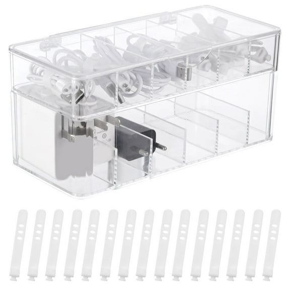 USB Cable Charger Organizer Box Double-layer with 12 Grids, Plastic Electronic Attachment Storage Box With Lid, Cable Management Box with 15 Ties Belts Collection Wire Case