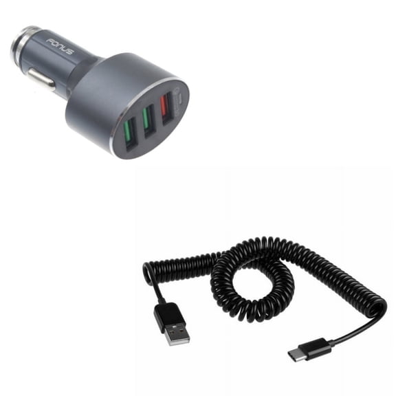 USB Cable + Quick Car Charger for Motorola One 5G Ace Phone - Coiled Type-C Charger Cord and 42W 3-Port USB Power Adapter Combo for Motorola One 5G Ace (2021)