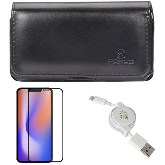 USB Cable & Screen Protector & Case Belt Clip for iPhone 13/Pro - Combo with Retractable Charger Power & Anti-Glare Tempered Glass Matte & Leather Swivel Holster