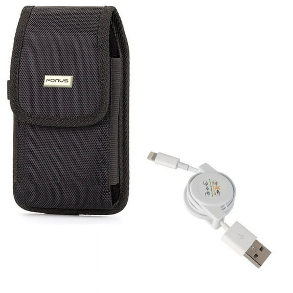 USB Cable w Case Belt Clip for iPhone XS - Retractable Charger Power Cord Sync, Rugged Holster Canvas Cover Pouch for iPhone XS