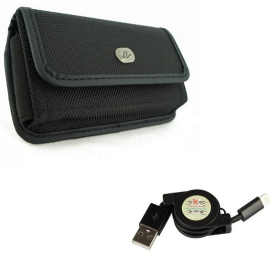 USB Cable w Case Belt Clip for iPhone XS/X - Retractable Charger Power Cord Sync, Rugged Holster Canvas Cover Pouch for iPhone XS/X