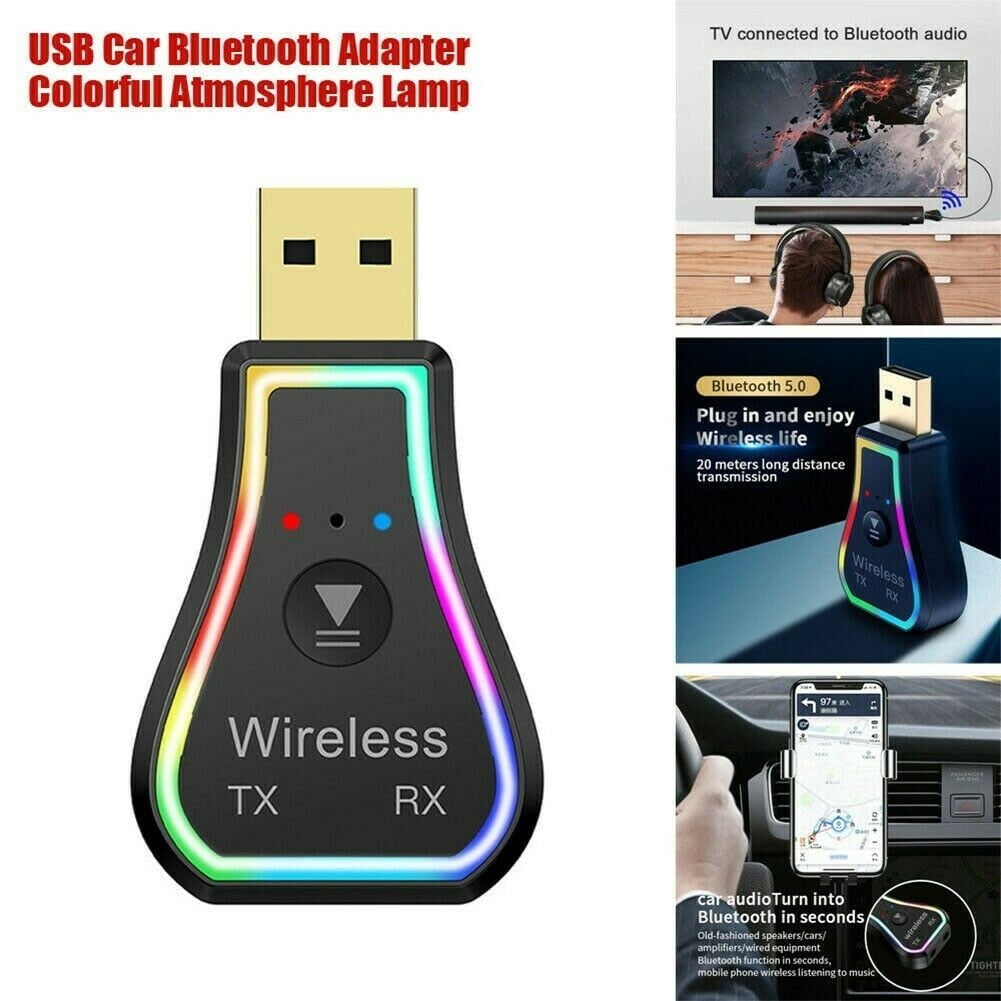 USB Car Bluetooth 5.0 Adapter Colorful Atmosphere Lamp Wireless Audio ...