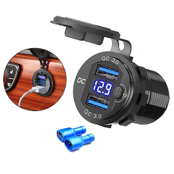 USB Car Charger Double for QC3.0 PD Port With Voltmeter Outlet Socket for 12V