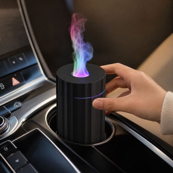 USB Car LED Flame Effect Diffuser, compact illuminated aroma accessory with a colorful mist-style visual display, for car, truck, office desk, bedroom, travel, gifts and ambient interior decor