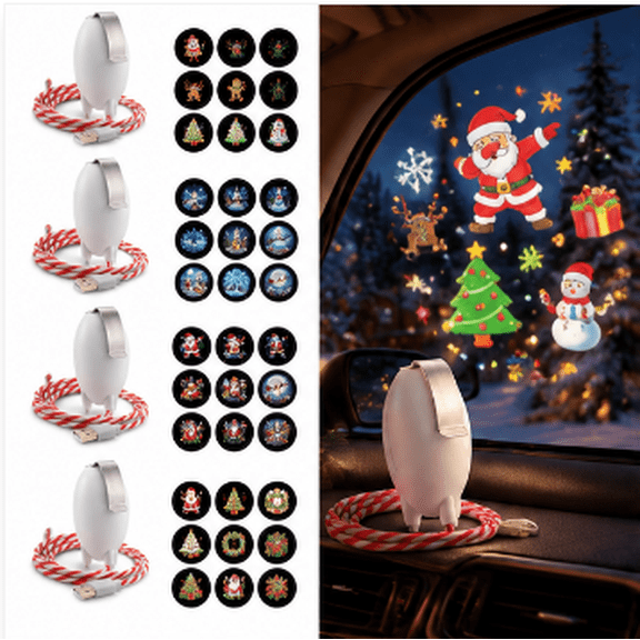 USB Car Window Projector Christmas Light, Merry Motion Collection Holiday Projection Decor with Santa Sleigh Designs, Portable Christmas Vehicle Accessory for Winter Travel
