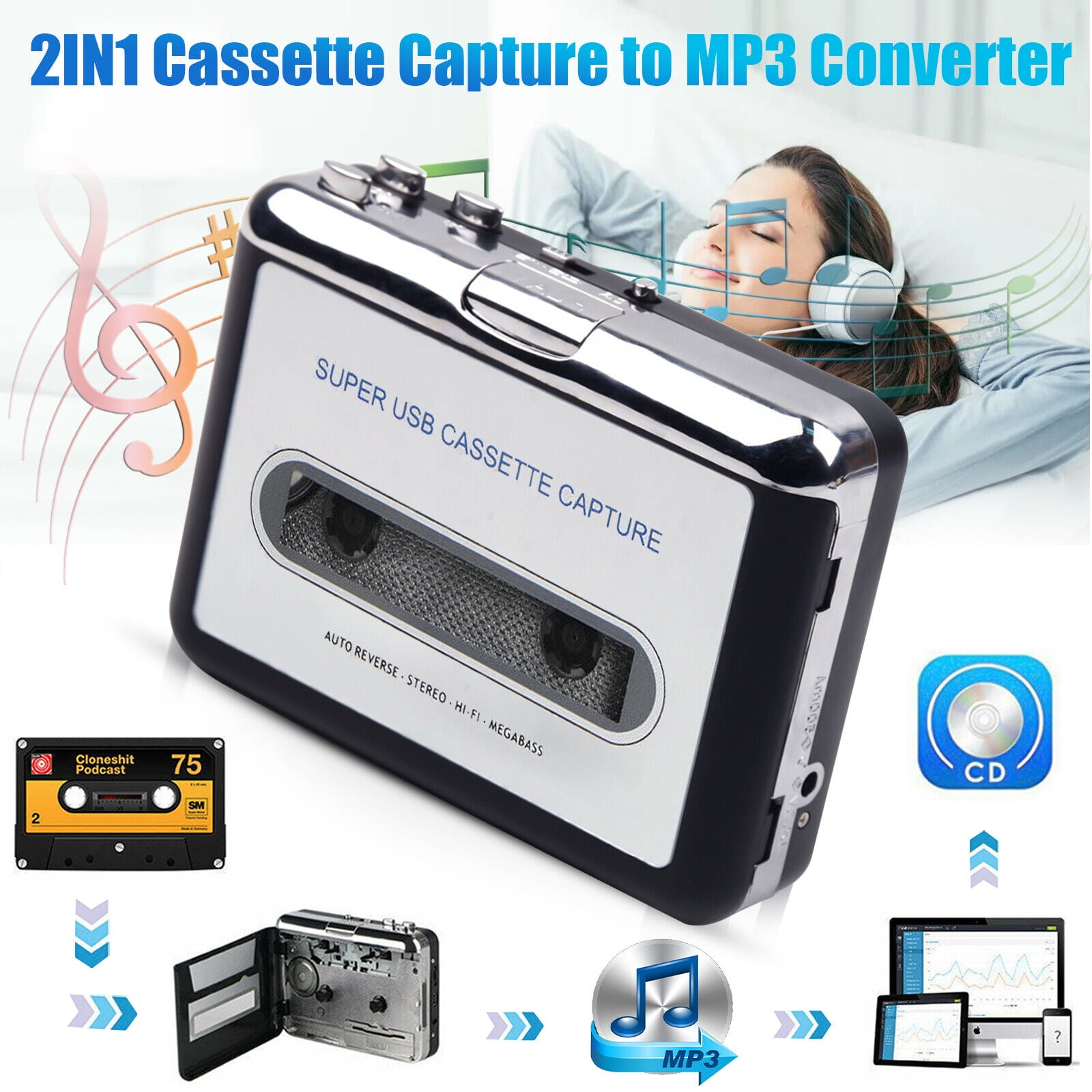 USB Cassette Tape to PC MP3 CD Digital File Converter Capture Audio