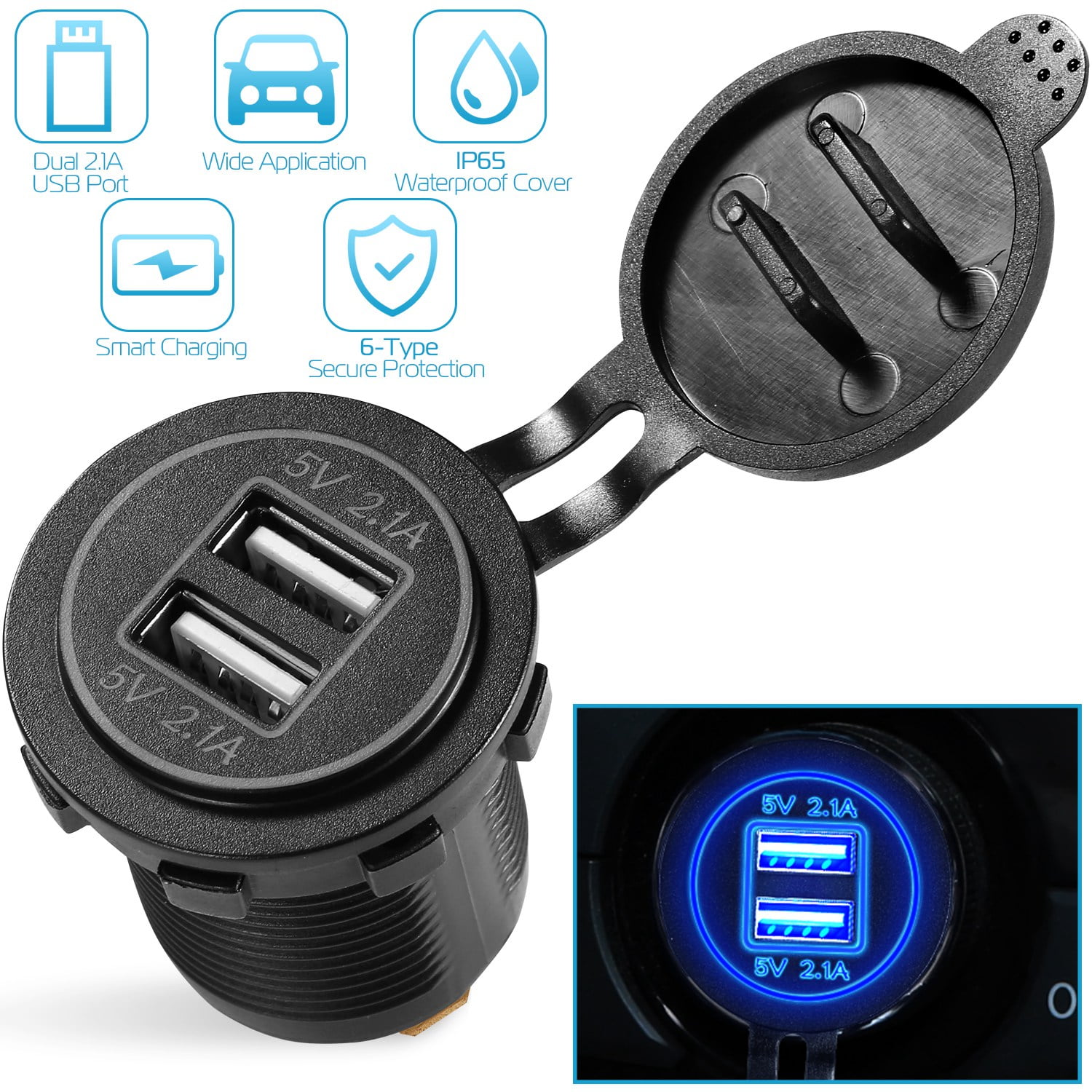 Buy Led round backlight car charger 2 Port USB 5V 2.1A/1A Waterproof in   store just for 14.90€
