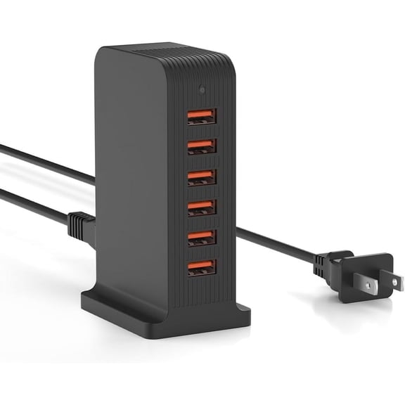 USB Charger 6 Port 50W Multi USB Tower Charging Station for Multiple Devices iPhone 15/14/14 Pro/14 Pro Max/13 Pro/13 Pro Max/Android/Samsung/Tablet,etc (Black, 50W)