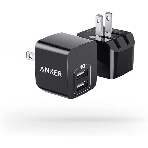 USB Charger, Anker 2-Pack Dual Port 12W Wall Charger Adapter, USB Charger Block with Foldable Plug, Charging Box Brick, Cube for iPhone 14 13 12 11 Pro Max, Galaxy S22 S21 Note 20, HTC, LG (Black)