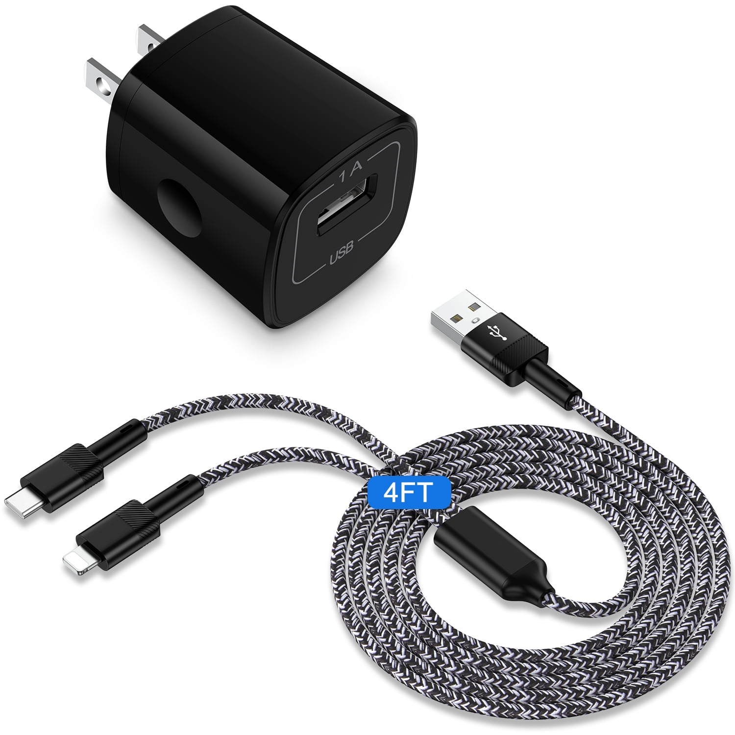 USB Charger Block,1Pack 2-in-1 Android&iPhone Multi Charging Cable