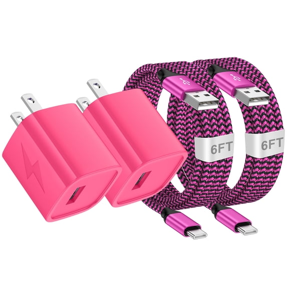 USB Charger Block, 2 Pack USB Wall Charger with 6FT Type C Charging Cable USB C Cable Phone Cables, Charging Block Phone Charger Android Charger, Fast Charging Type C Power Adapter USB Brick, Pink