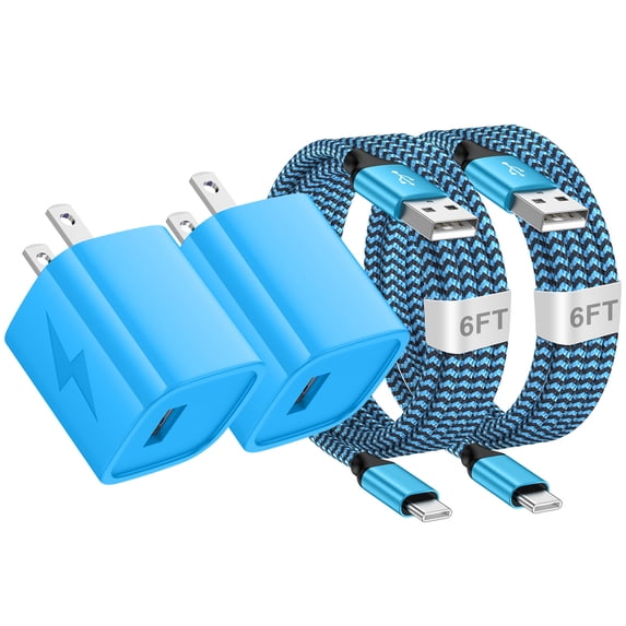USB Charger Block, 2 Pack USB Wall Charger with 6FT Type C Charging Cable USB C Cable Phone Cables, Charging Block Phone Charger Android Charger, Fast Charging Type C Power Adapter USB Brick, Blue