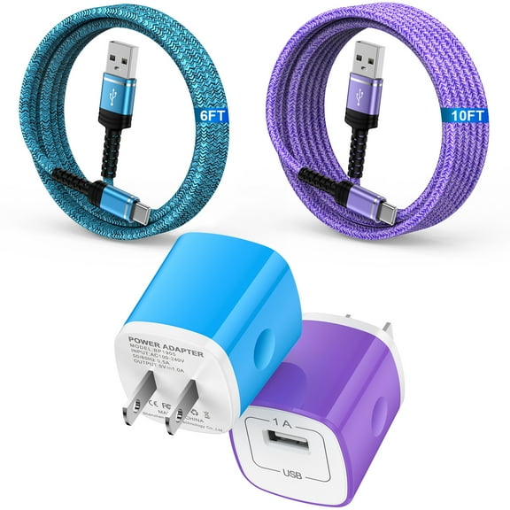 USB Charger Block,2Pack USB C Charger Cable 6ft 10ft & 2pcs Android Charger Block Type C Charging Cable USB Charger Adapter Wall Plug Phone Charger Cord Type C Charging Block USB C Charger 6ft 10ft