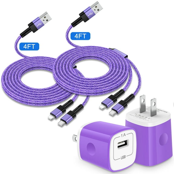 USB Charger Block,2Pcs 2in1 Android&iPhone Multi Charging Cable Type C Charging Cord USBC 4FT&2Pack USB Wall Charger Adapter iPhone Fast Charging Block Compatible for iPhone Android Phone Cord Type C
