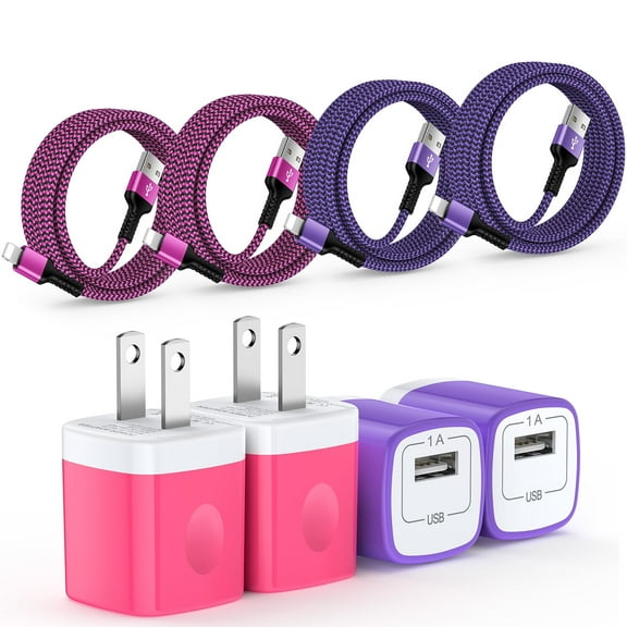 Compatible for iPhone Charger, 4 Pack Wall Charger Block with 6FT Charging Cable, USB Charging Block Adapter Plug Box Station with Nylon Braided Fast Charging Cord Compatible for iPhone, Mixed C