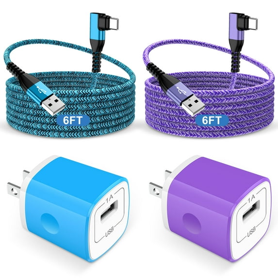 USB Charger Block,ABCPOW 2pcs 1A USB Wall Charger Block Adapter Plug w/ 2pcs Right Angle Nylon Android Type C Charger Cable 6FT USB C Charging Cable 6FT Phone Charger Cord Type C Fast Charging Block