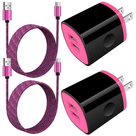 USB Charger Block,ABCPOW 2pcs 2.1A USB Wall Charger Block with 2pcs Nylon Android Type C Charger Cable USB C Charging Cable 3ft USB Brick Phone Charger Adapter Charger Box Fast Charging Block,Rose