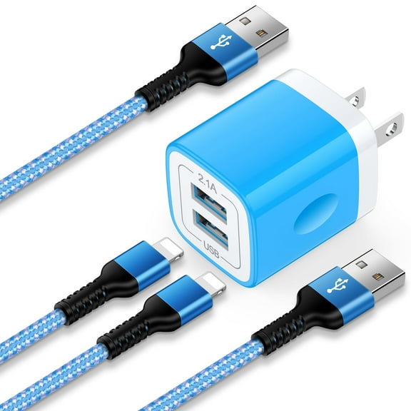 Compatible for iPhone Charger, GAEF Dual Port Charging Block with 2pcs Charging Cable 6FT, USB Charger Block Wall Charger Adapter Plug Brick Cube Compatible for iPhone, Blue