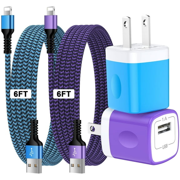 Compatible for iPhone Charger Block, 2 Pack Wall Charger Adapter with 6FT Charging Cable, Power Adapter Plug USB Brick Cube Charging Block Fast Charger Station Compatible for iPhone, Blue+Purple