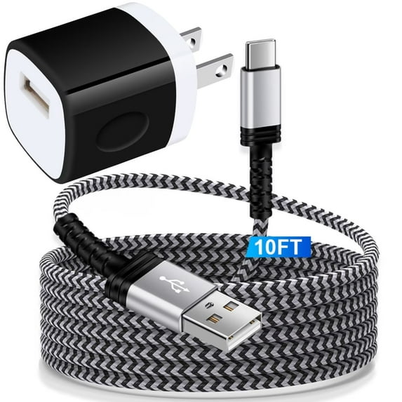 USB Charger Block,FiveBox 1A USB Wall Charger Block with 1pc Nylon Android Type C Charger Cable USB C Charging Cable 10ft USB Brick Phone Charger Adapter USB Plug Fast Charging Block,Black