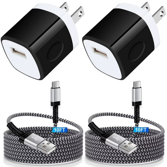 USB Charger Block,FiveBox 2pcs 1A USB Wall Charger Block with 2pcs Nylon Android Type C Charger Cable USB C Charging Cable 10ft USB Brick Phone Charger Adapter Charger Box Fast Charging Block,Black