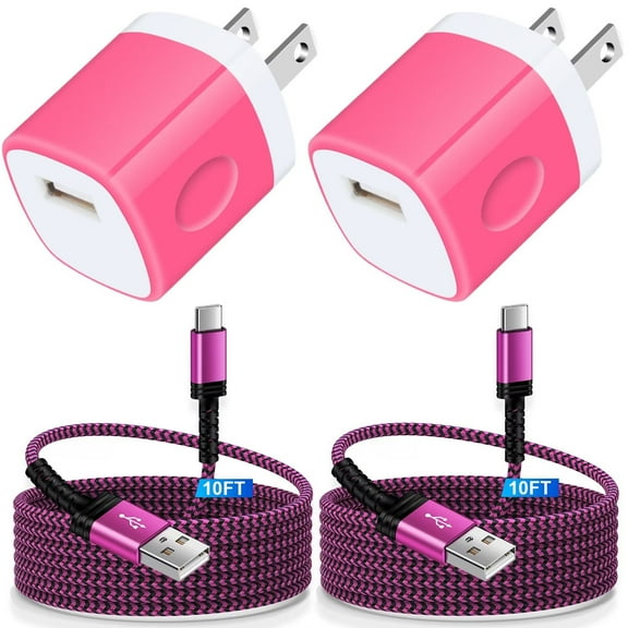 USB Charger Block,FiveBox 2pcs 1A USB Wall Charger Block with 2pcs Nylon Android Type C Charger Cable USB C Charging Cable 10ft USB Brick Phone Charger Adapter Charger Box Fast Charging Block,Rose