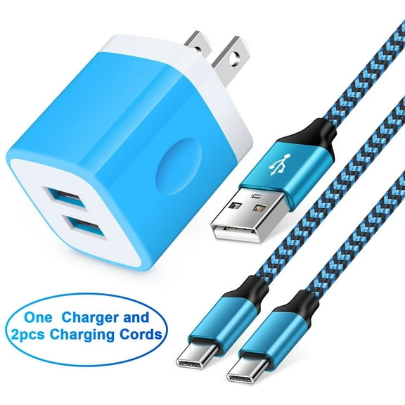 USB Charger Block,FiveBox USB Wall Charger Block with 2PACK Android Type C USB C Charging Cables 6ft 2.1A Dual Port USB Wall Charger Adapter USB Brick Phone Charger Plug Fast Charging Block(Blue)