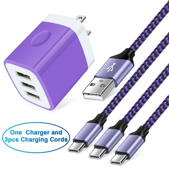 USB Charger Block,FiveBox USB Wall Charger Block with 3PACK Android Type C USB C Charging Cables 6ft 3.1A Three Port USB Wall Charger Adapter USB Brick Phone Charger Plug Fast Charging Block(Purple)