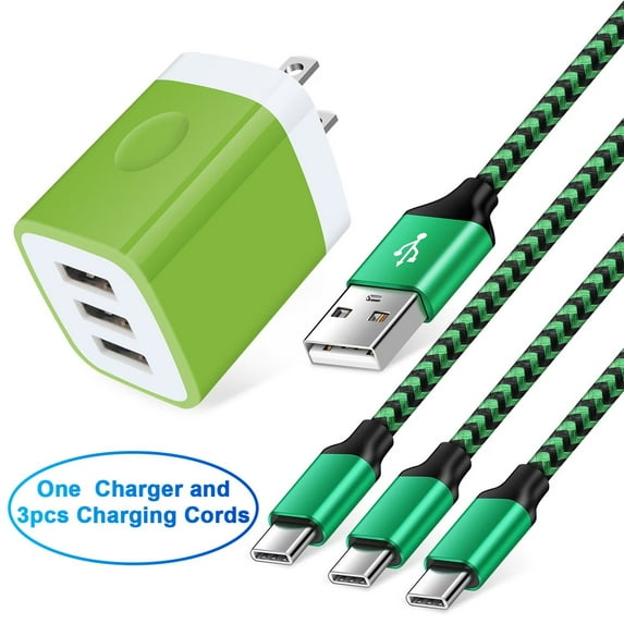USB Charger Block,FiveBox USB Wall Charger Block with 3PACK Android Type C USB C Charging Cables 6ft 3.1A Three Port USB Wall Charger Adapter USB Brick Phone Charger Plug Fast Charging Block(Green)