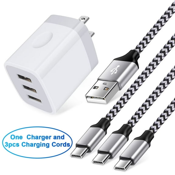 USB Charger Block,FiveBox USB Wall Charger Block with 3PACK Android Type C USB C Charging Cables 6ft 3.1A Three Port USB Wall Charger Adapter USB Brick Phone Charger Plug Fast Charging Block(White)
