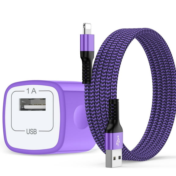 Compatible for iPhone Charger, Wall Charger Block with 6FT Charging Cable, USB Charging Block Adapter Plug Box Station with Nylon Braided Fast Charging Cord Compatible for iPhone, Purple