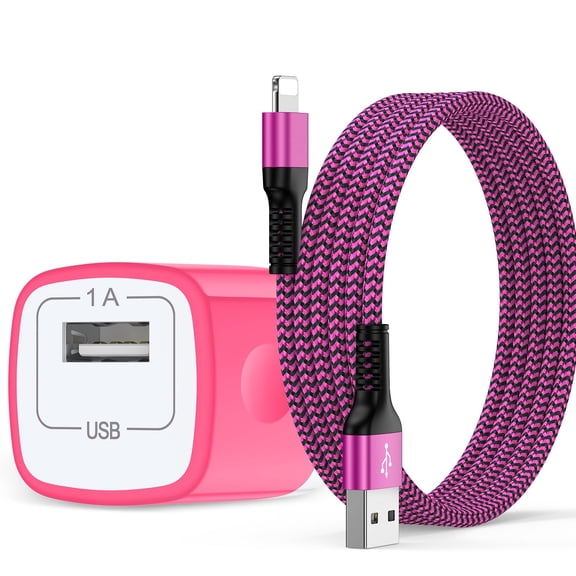 Compatible for iPhone Charger, Wall Charger Block with 6FT Charging Cable, USB Charging Block Adapter Plug Box Station with Nylon Braided Fast Charging Cord Compatible for iPhone, Pink