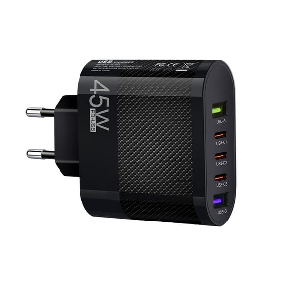 USB Charger Block Multiple Ports, 5 Port Charger Block, USB B and USB A Port, 45W Type C Port Charging Adapter, Wall Charger Plug Charging Station Fast