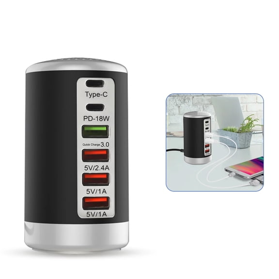 USB Charger Block Multiple Ports, USB Charger Station, 6 Ports Fast Charge Tower Can Charge All of Mobile Phones/ Tablets/ Power, Desktop Base Charger, Black