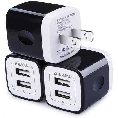 USB Charger Block,Phone Charger Adapter,AILKIN 3Pack 2.1Amp Dual Port Fast Charge Wall Charger Plug Brick Cube Base Charging Block,Black