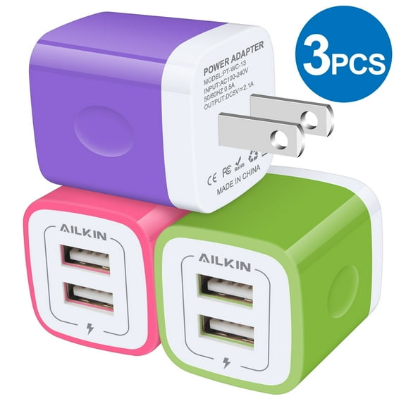 USB Charger Block,Phone Charger Adapter,AILKIN 3Pack 2.1Amp Dual Port Fast Charge Wall Charger Plug Brick Cube Base Charging Block,Multicolor