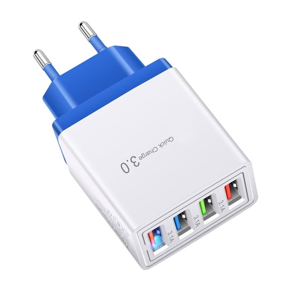 USB Charger Block,Plug With USB Ports,European USB Charger,Quick Charge 3.0 40W USB Charger Block EU Plug 4 Port European Travel Plug Adapter for Android and More Mobile Phones(Blue)