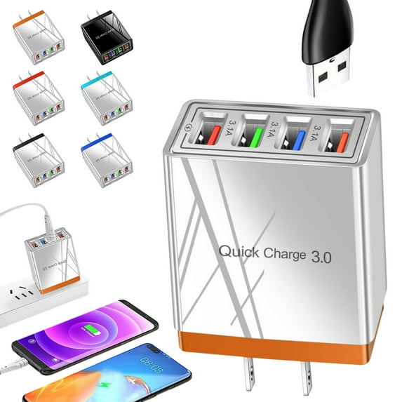 USB Charger Block, USB Charger Block Multiple Ports, 4 Port USB Charger, USB Fast Charging Block, Phone Charger Block, 4 Port Fast LED QC 3.0 USB Hub Wall Charger 3.1A Power Adapter US Plug