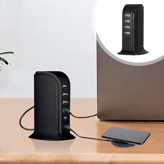 USB Charger,Charging Station for Multiple Devices 30W,Fast Charging Blocks with Dual Type C Ports,4 USB Charging Hub Organizer Multiport for Smartphones,Travel Accessories(Black)