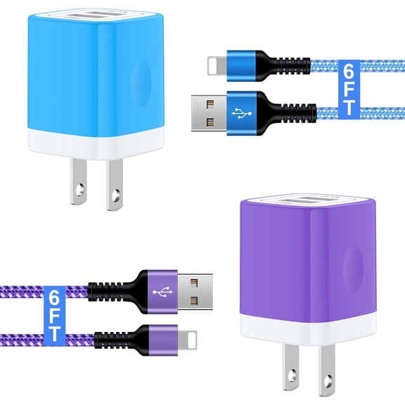 Compatible for iPhone Charger, 2 Pack Dual Port Charging Block with 2pcs Charging Cable 6FT, USB Charger Block Wall Charger Adapter Plug Brick Cube Compatible for iPhone, Mixed B