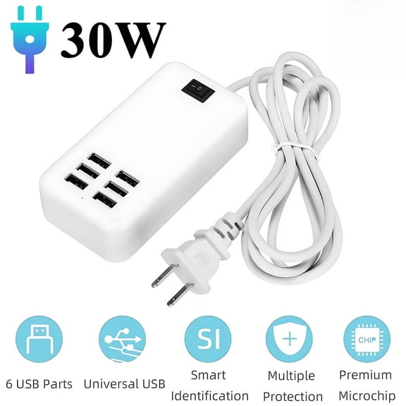 USB Charger Hub 6 Ports – Desktop Charging Station with US Plug, AC Power Adapter, Wall Travel Extension Outlet with Cable for Phone, Tablet, Camera, and More
