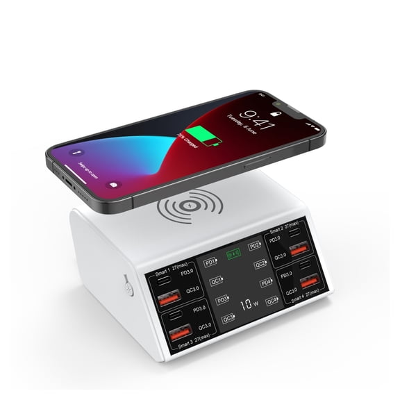 USB Charger PD QC3.0 USB C 100W 8 Port Fast Phone Charger Qi Wireless Charger Charging Station For Multi Device Charger Organizer ,No More Cable Clutter